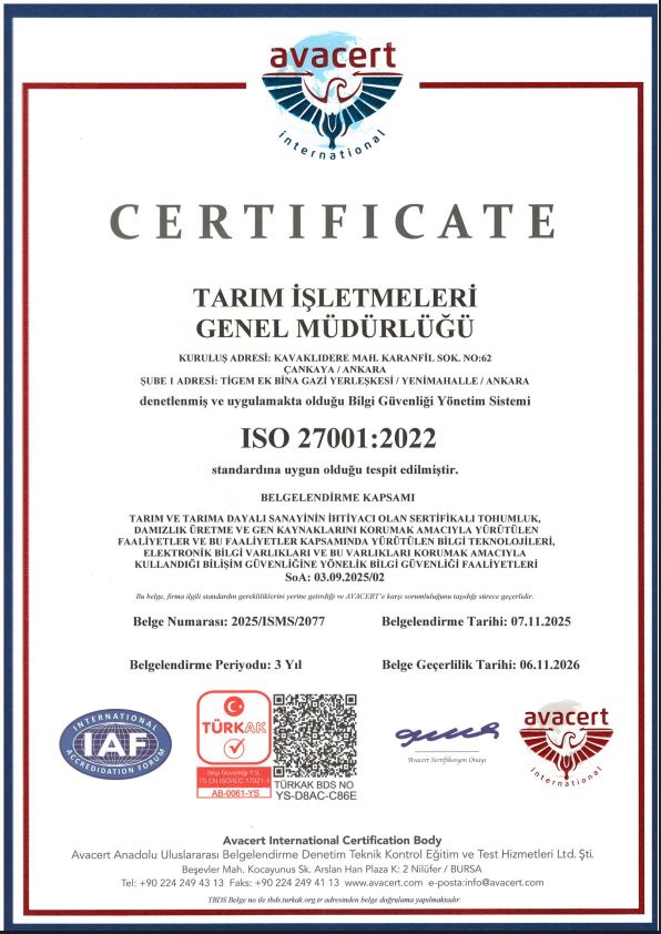 TİGEM BİLGİ GÜVENLİĞİ ISO 27001_2022 SERTİFİKASI